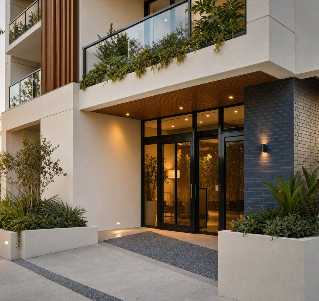 Vantis building front entrance at dusk