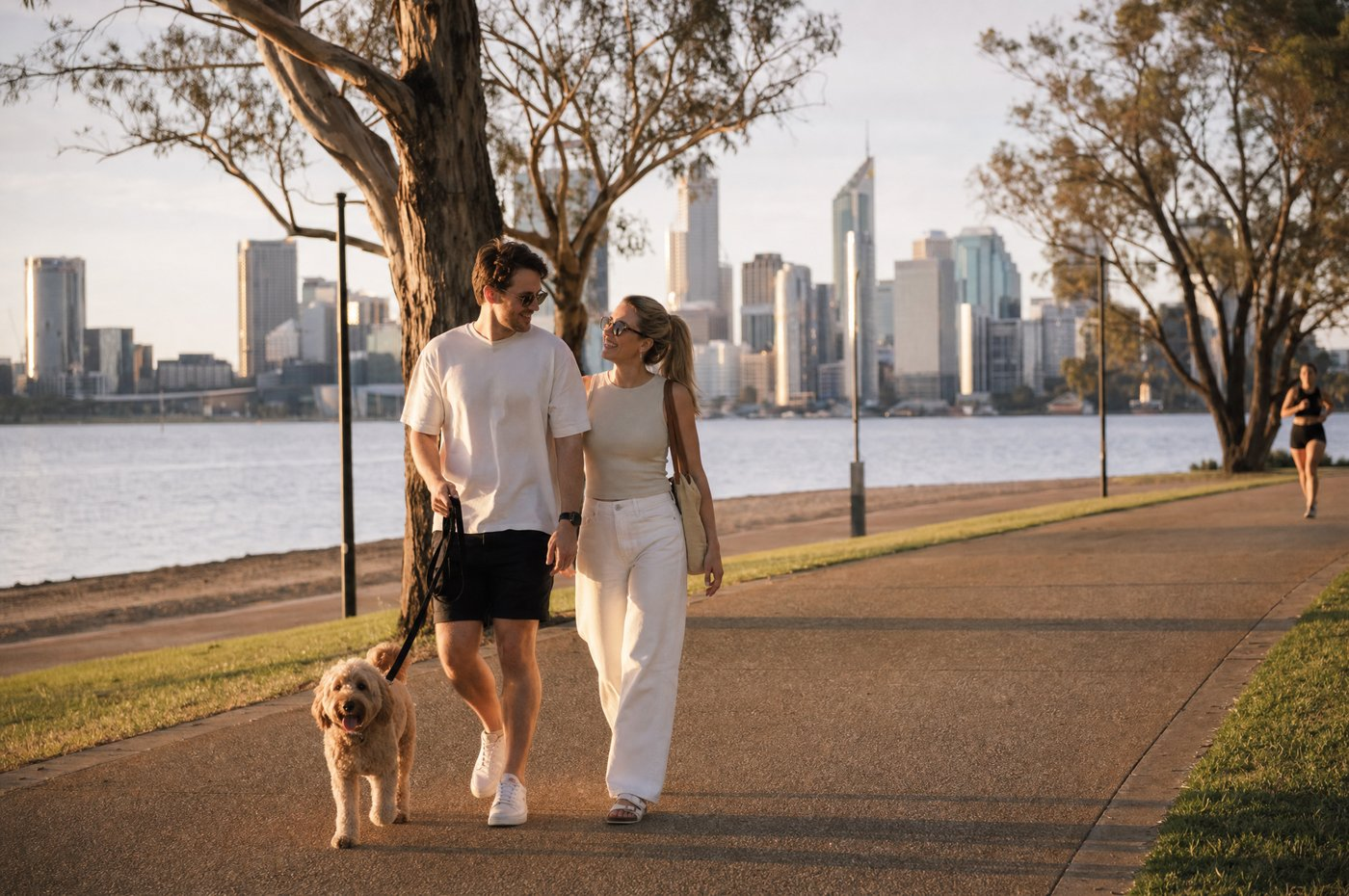 Couple walking along the South Perth foreshore path with the CBD skyline beyond