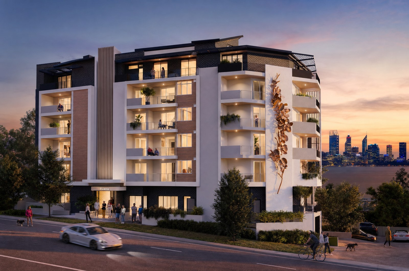 Vantis street frontage at dusk with the Perth skyline beyond